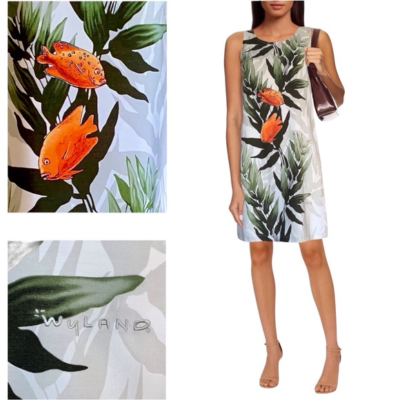 Wyland Signature Bluewater koi gold fish printed midi sheath dress - Size XS - Picture 1 of 10